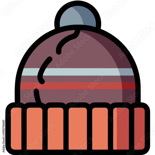 Cozy Winter Beanie Hat Vector Illustration with Striped Flat Design and Pompom, Isolated Cold Weather Apparel Fashion Accessory Graphic Element for Seasonal Clothing