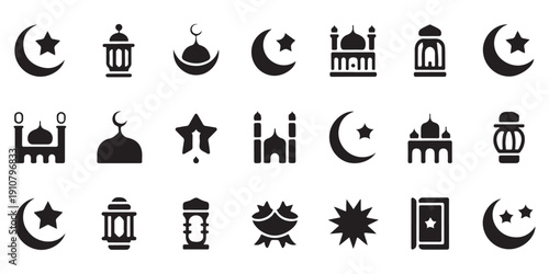 Islamic and Ramadan Kareem Icons Set. Collection of Muslim Holiday Symbols: Crescent Moon, Star, Mosque, Lantern. Vector Illustration.