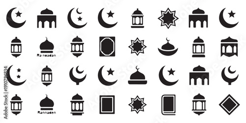 Ramadan and Eid Mubarak Icon Collection. Vector Set of Islamic Symbols: Crescent Moon, Mosque, Lantern, Star, Holy Book.