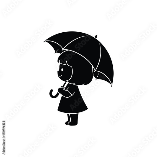 Girl with Umbrella Silhouette Vector. Cartoon Kid Rainy Day Black Silhouette. Child Holding Umbrella Clip Art Illustration.