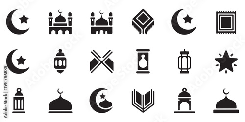 Diverse Islamic Holiday Icon Set. Vector Collection of Ramadan and Eid Al-Fitr Symbols: Mosque, Crescent Moon, Lantern, Holy Book.