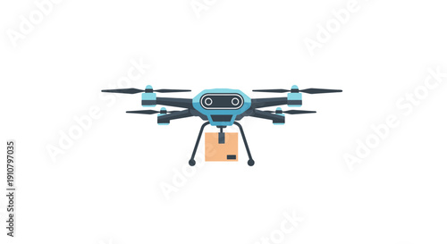 A drone with a package flying directly towards the viewer in a clear environment