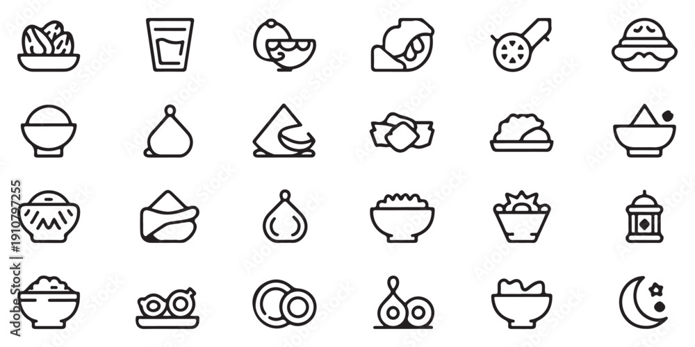 Fototapeta premium Ramadan Iftar and Suhoor Food Outline Icon Set, featuring traditional dishes and drinks for the Islamic holy month.