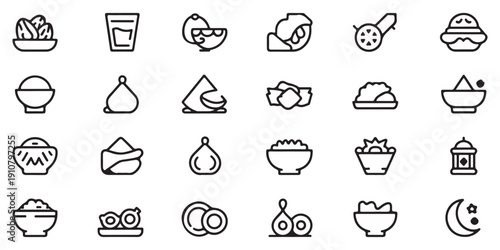 Ramadan Iftar and Suhoor Food Outline Icon Set, featuring traditional dishes and drinks for the Islamic holy month.