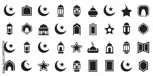 Ramadan and Islamic Celebration Solid Icon Set, a collection of flat design symbols representing Muslim culture, holy month, and religious traditions.