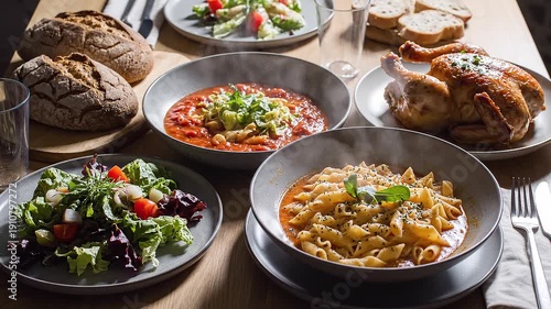 Delicious Roasted Chicken And Pasta Dishes With Fresh Salads On A Wooden Table