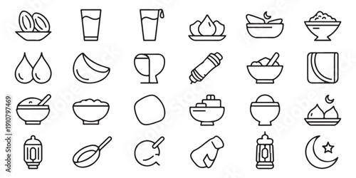 Ramadan Fast Breaking and Festive Food Outline Icon Pack, representing traditional meals and drinks for the holy month.