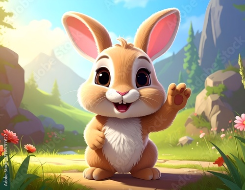 A cartoon bunny waving its paw, surrounded by a verdant meadow and mountains, under a bright blue sky