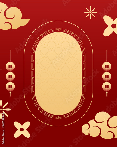 Happy Chinese new year 2026 , modern design set in red, gold and white colors , Year of the horse zodiac , Asia oriental traditional ornament, frame and border	

