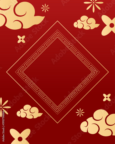Happy Chinese new year 2026 , modern design set in red, gold and white colors , Year of the horse zodiac , Asia oriental traditional ornament, frame and border	
