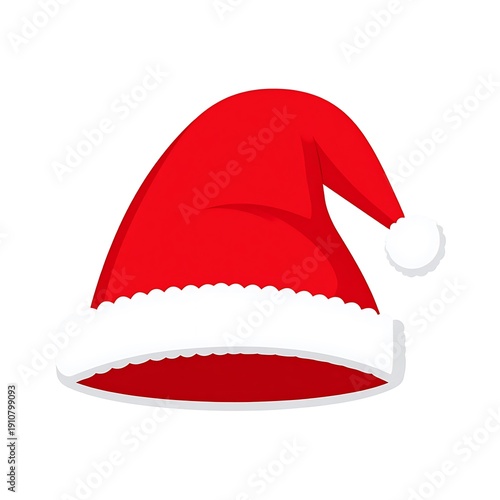 A cartoon style red Santa hat with a fluffy white brim and pom-pom, isolated on a white background
