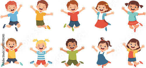 Happy Kids Jumping Vector Set Playful Cartoon Children Poses for Education