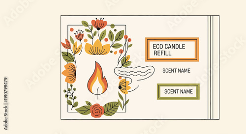 Eco Candle Refill Label with Floral Illustration and Flame