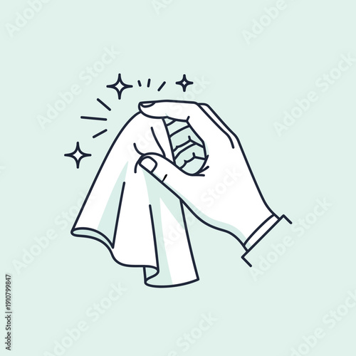 Hand wiping a surface with a cloth and sparkling effects on light green background, symbolizing cleaning and hygiene.