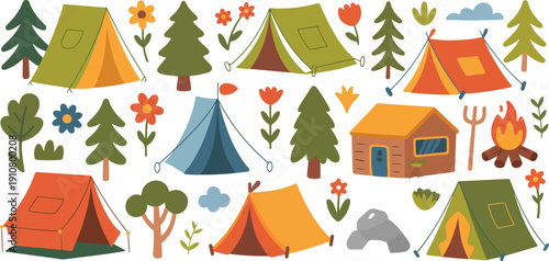 Cute Camping Doodle Vector Set  Tent, Trees, Flowers, and House Illustration