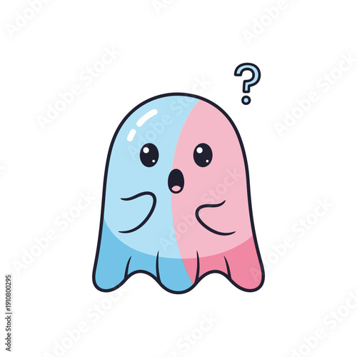 Cartoon ghost with confused expression in blue and pink colors with simple line art style for illustration design