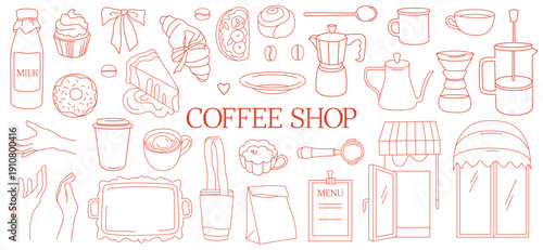 Coffee shop business branding kit icons for packaging, menu and merchandise, cafe equipment, desserts, takeaway coffee, cups