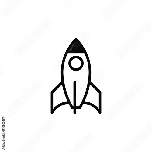 Simple black and white illustration of a rocket ship taking off