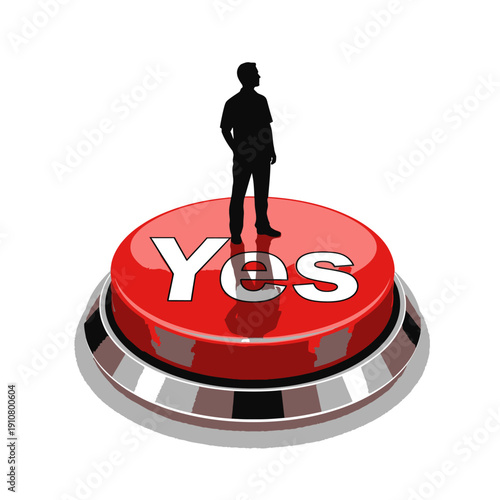 Man Standing on Red Yes Button.