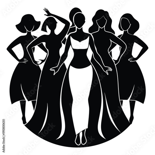 A group of elegant women in formal dresses standing together in black silhouette