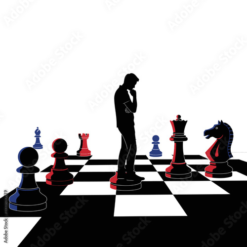 Man Thinking on Chessboard Silhouette.