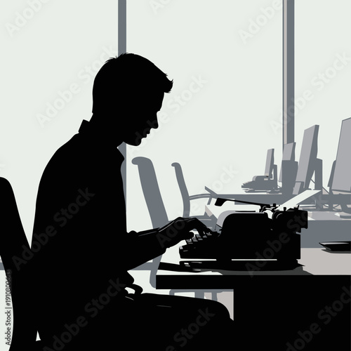 Man Typing on Typewriter Silhouette.