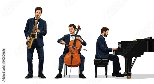 Three musicians playing different instruments together in harmony.