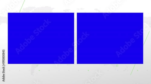 Two box split screen for news, interviews, live broadcast, tv shows, live streaming. Blue chroma key cut, 4K loopable world map background with light green elements, simplicity and minimalism design.