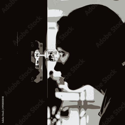 Man Looking Through Keyhole Silhouette.