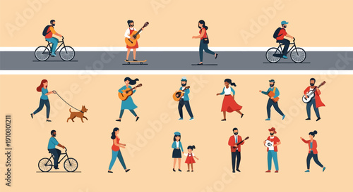 People engaging in various leisure activities like cycling and playing musical instruments.