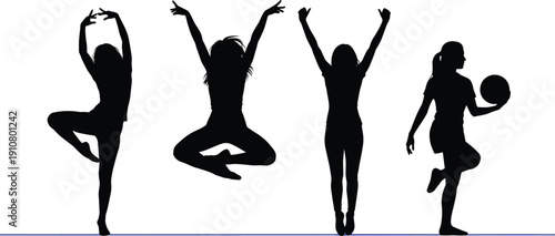 Silhouette girls dancing, female sports activity poses, modern lifestyle vector, athletic woman exercise, fitness illustration artwork, stylish body performance, healthy lifestyle design