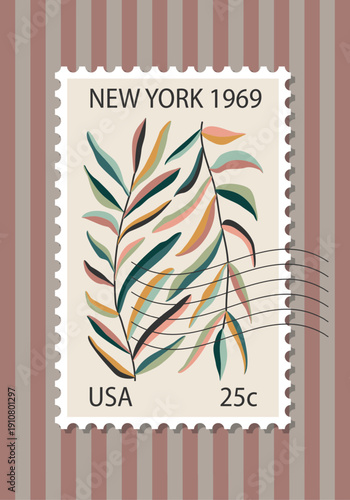 Vintage inspired poster designed as a classic postage stamp featuring abstract floral artwork in mid century modern style. Decorative perforated frame, pastel color palette and retro typography