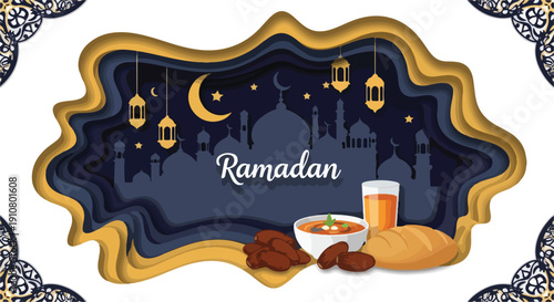 Flat lay graphic design celebrating Ramadan and Idul Fitri with traditional food, drink, and lanterns on a decorative plate against a clean white background with a joyful and festive mood.