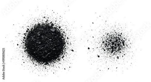 Black granular explosion and particles scattered on white background, abstract texture overlay