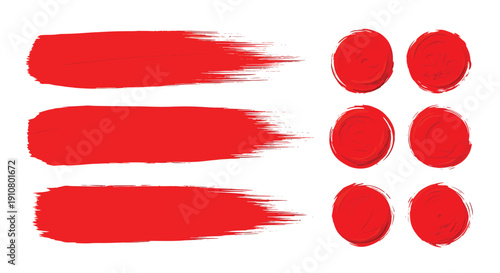 Set of bright red brush strokes and circular paint marks for dynamic design elements