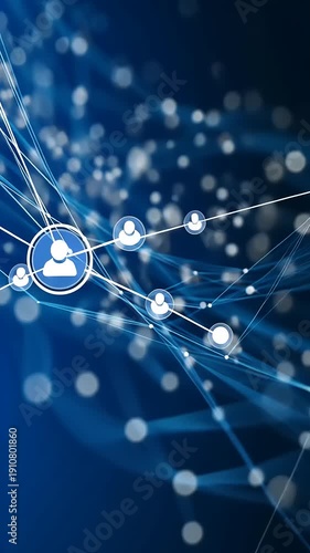 A network icon of a person connected to numerous nodes and lines on a blue background with bokeh lights.
