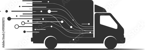 Online shipping silhouette, streamlined, digital, dark grey, white background, minimalist design