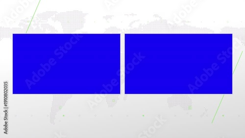 Two box split screen for news, interviews, live broadcast, tv shows, live streaming. Blue chroma key cut, 4K loopable world map background with light green elements, simplicity and minimalism design.