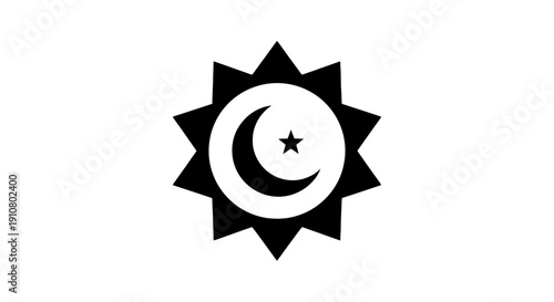 Black starburst emblem with crescent moon and star symbol for Islamic culture and greetings