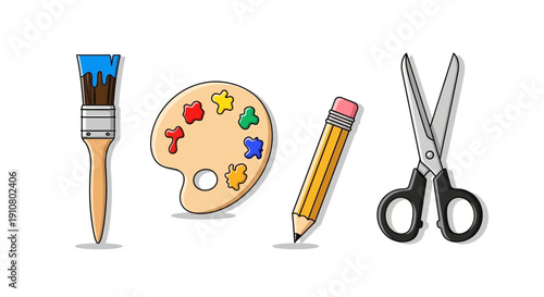 Set of art and craft supplies including a brush, palette, pencil, and scissors