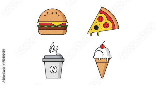 Vibrant collection of popular fast food and beverage vector icons, perfect for menus and digital designs