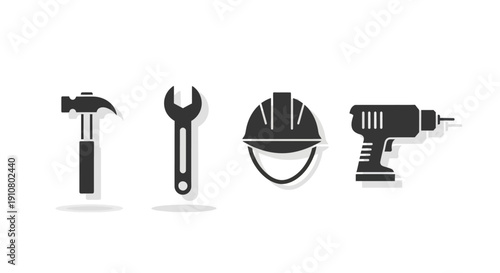 Modern toolkit icons Essential construction and repair tools including hammer, wrench, hard hat, and power drill