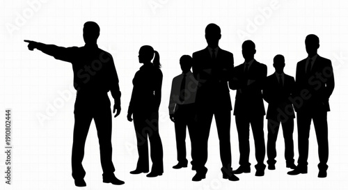 A vector graphic illustration of a group of businesspeople in silhouette, with one leader pointing forward.