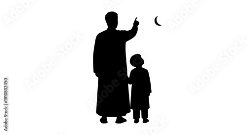 Father and son looking at moon Islamic tradition, Ramadan observation cultural heritage