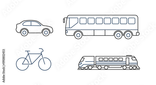 Diverse collection of outline style icons representing common modes of transportation for modern urban and long-distance travel planning
