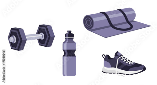Comprehensive collection of fitness essentials dumbbell, yoga mat, water bottle, and athletic shoe for an active lifestyle