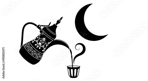 Arabic coffee pot pouring into cup near crescent moon hospitality Islamic culture Ramadan