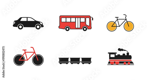 A versatile collection of transportation icons, featuring cars, buses, bicycles, and trains, for urban and travel-themed designs