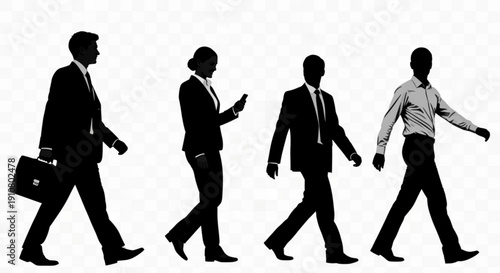 A vector graphic illustration of business people walking in a line as silhouettes