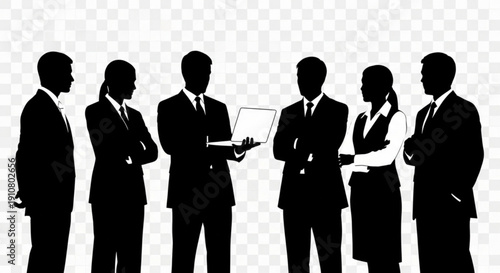 A group of business professionals in silhouette form standing together in a meeting